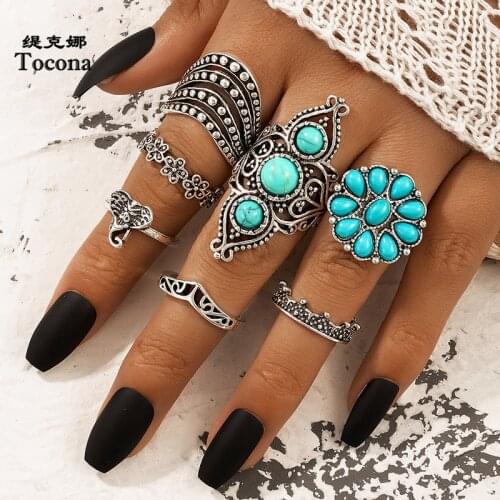 Tocona Ancient Silver Color Ring Sets for Women Men Blue Rhinestone Elephant Crown Flowers Hollow Out Party Jewelry кольца 19606