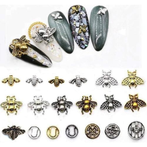 10PCS New Retro Nail Art Metal Alloy Bee Jewelry Japanese style DIY Nail Stickers Decorations Charms 3D Nail Art Gold Silver