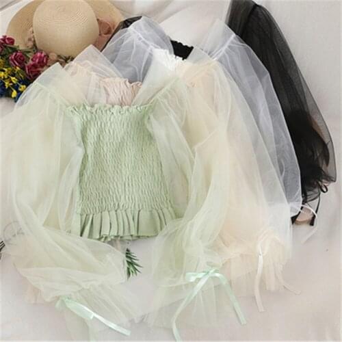 Korean 2020 New Lace Lantern Long Sleeve Elegant Blouse Women Slash Neck Patchwork Short Blusas Autumn Spring Pleat Shirt PZ3275