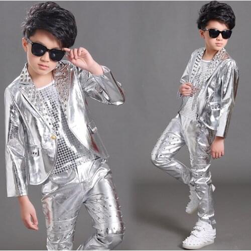 Boys Jazz Performance Clothing Hip Hop Dance Costumes Rivet Leather Jacket Pants Children Stage Outfits Street Dancewear DQS2791
