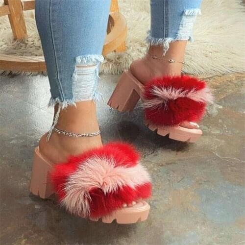 Sexy Party High Heel Sandals Fur Womens Shoes Platform Slippers Furry Night Club Shoes Plus Size Women Slippers Outdoor Shoes
