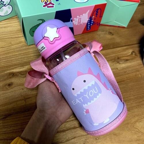 Plastic Cartoon Kettle Children Kids Double Handle And Strap Straw 700ml Water Bottle