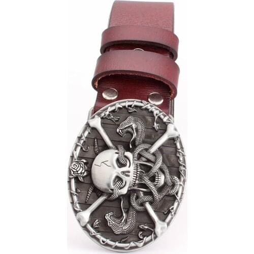 Drop shipping mens cowskin leather belt skull buckle heavy metal rock punk belt snake pattern Hip hop accessories