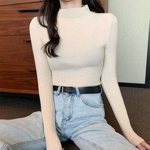 Pullovers Mock neck Slim Jumper Knitted Tops Autumn Winter Ladies Woman clothing 2021 Hot Korean Style Fashion top sweater mujer