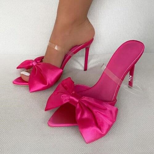 2021 New Silk Butterfly-knot Mule high heels Slippers Sandals Pointed toe Strappy Slides Party Women slippers shoes