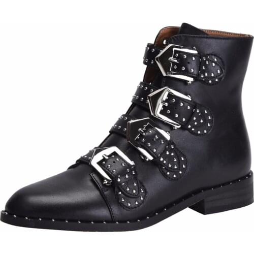 TIMETANG New Genuine Leather Womens Boots Fashion Rivet Ankle Boots On The Street Buckle Casual Motorcycle Boots Size34-44
