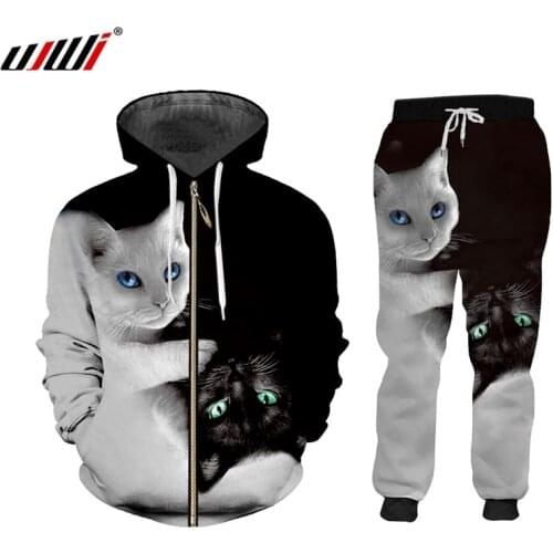 UJWI 3D Black white Cat 2 Piece Set ZIP Hoodies Suits Men/women Sweatshirt Joggers Harajuku Set Winter Unisex Tracksuit jacket