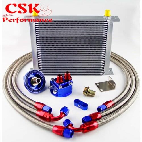 30 Row 248mm AN8 Universal Engine Transmission Oil Cooler British Type + Filter Adapter Kit Black/Blue
