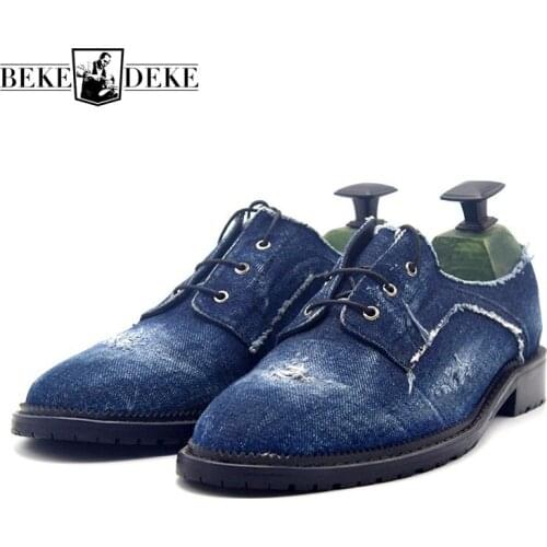 Vintage Mens Hole Ripped Cargo Washed Denim Formal Shoes Man Lace Up Round Toe New Fashion Harajuku Business Work Office Shoes