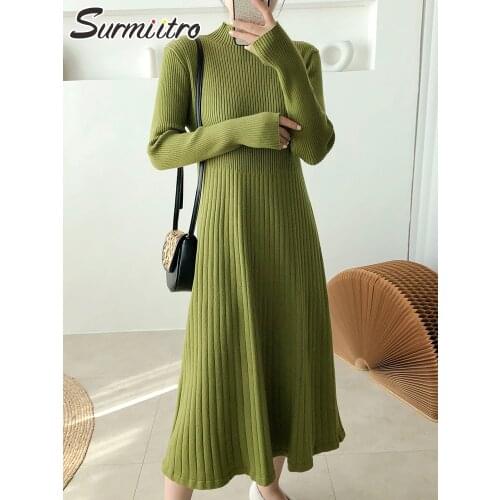 SURMIITRO Stripe Knit Long Sweater Dress Women 2021 Fashion Autumn Winter Korean Style Green Half Turtleneck Long Sleeve Female