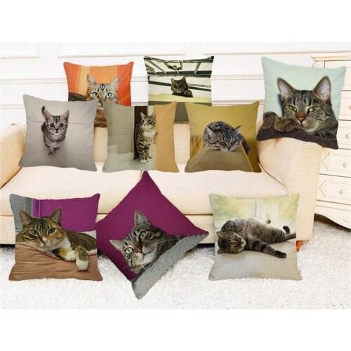 XUNYU 45cm*45cm Cute Gray Cat Cushion Cover Decorative Pillow Case Linen Cushion Cover Sofa Throw Pillowcase B00100