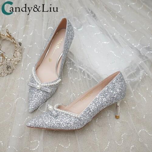 Wedding Shoes Party Dress Silver Sequins Pearl Bow Pointed Toe Womens 2021 New Bridal Daily Christmas Date Pumps