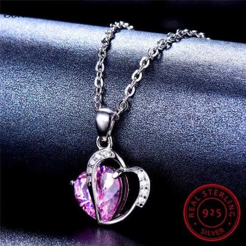 Cute Ocean Of Heart Pendant Necklaces For Women 925 Sterling Silver Chain Necklace Pink Purple Amethyst Zircon Wedding Jewelry