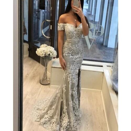 Lace Appliques Mermaid Prom Dresses Long 2021 Off Shoulder Split Side Formal Evening Dress Robe De Soiree
