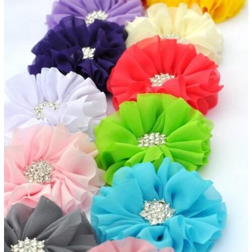 120pcs/lot 6.5cm 15colors Chic Fluffy Chiffon Flowers With Rhinestone Snow Button Artificial Fabric Flowers For Kids Headbands