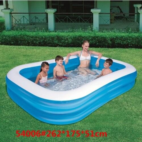 54006 Bestway 262x175x51cm Double-Ring Rectangular Inflatable Pool 8'7"x69"x20" Blue 2-air-cell Family Pool 2 Nozzles Fast Drain