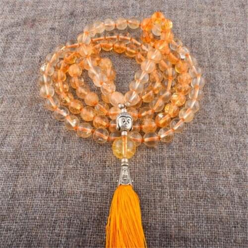 8mm Citrine Gemstone 108 Beads Tassel Mala Necklace Chakra Blessing Buddhism Unisex Cuff Wrist Lucky Meditation
