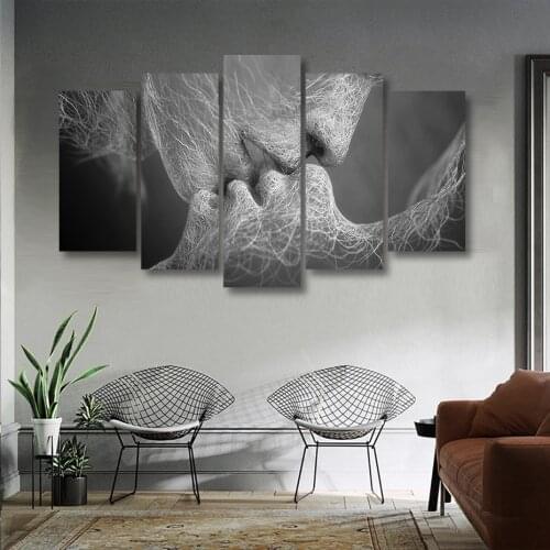 Abstract Kiss Love Pictures 5 Panels Canvas Paintings Wall Art Stretched Prints and Poster for Bedroom Home Decor Interior