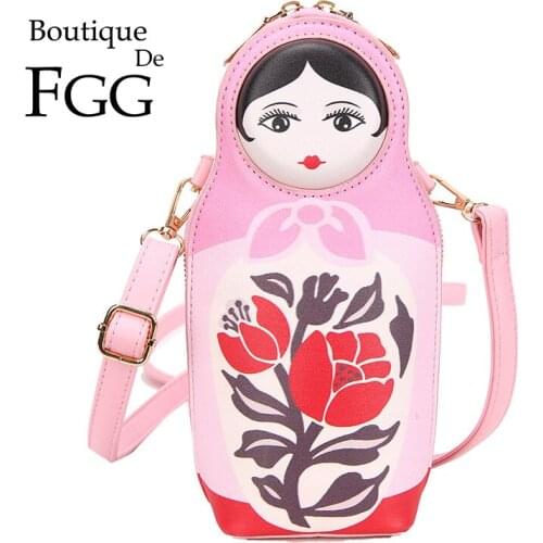 Boutique De FGG Faux PU Leather Russian Doll Cute Women Crossbody Bags Casual Ladies Shoulder Purses and Handbags