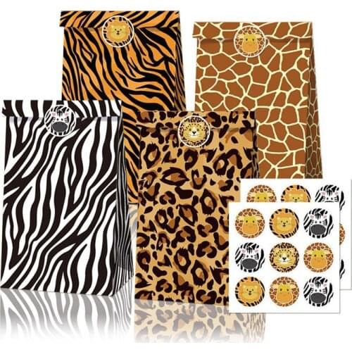 12pcs leopard print craft paper Gift Bags for Jungle Animal Kids Birthday Party Decoration Boy Girl Baby Shower Party Favor