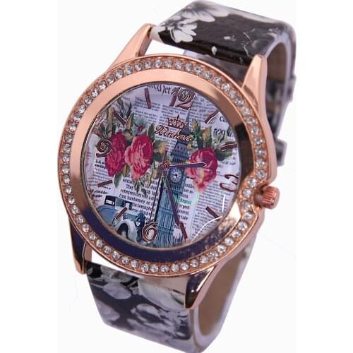 Gnova Platinum Flower Printed Watch Women New Brand Wristwatches Ladies Leather Strap Fashion Casual Analog Quartz