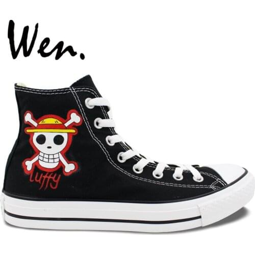Wen Custom Hand Painted Canvas Skateboard Shoes Anime One Piece Jolly Roger High Top Black Breathable Sneakers Man Womans Gifts