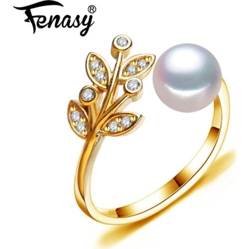 FENASY Natural Freshwater Pearl Rings For Women Bohemian Adjustable Gold Color Leaf Ring Female Party Wedding Jewelry