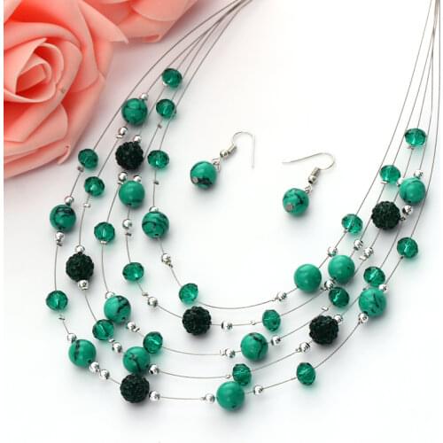 Fashion Jewelry Sets Women Joker Bohemian Crystal Multilayer Coral Stone Beads Statement Chocker Necklace Earrings Set