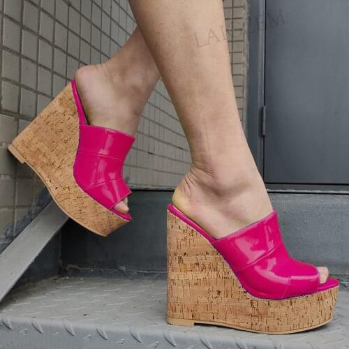 LAIGZEM Women Platform Slides Cork Wedges Mules Shiny High Heels Pumps Height Increase Summer Lady Shoes Woman Big Size 44 50 52