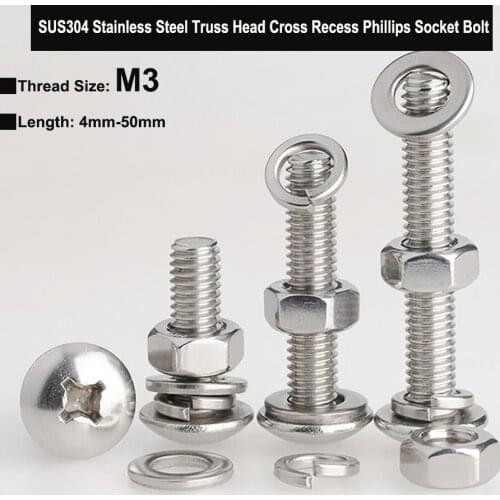 M3 Stainless Steel 304 Truss Head Cross Recess Phillips Socket Bolt Three Combination Screw with Plain Washer Spring Washer Nut