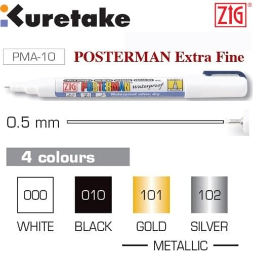 ZIG Posterman 0.5 mm Kuretake Metallic Waterproof Chalk Marker Pens Brush Poster Pens PMA-10 Silver Gold Japan POP Markers