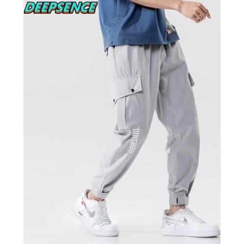 Men Four Seasons New Polyester Mid Pockets Drawstring Casual Cargo Pants Men Loose Fit Hip Hop Ins Ankle Leng Pants Men