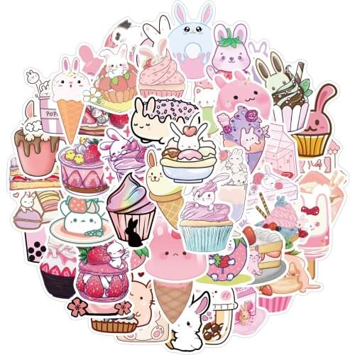 50 Pcs Pink Cartoon Desserts Rabbit Graffiti Sticker Cute Decoration Notebook Water Cup Car Body Waterproof Stickers