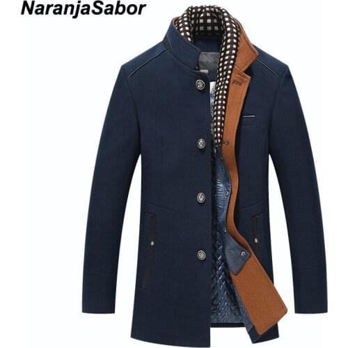 NaranjaSabor New Men Woolen Coat Winter Fleece Warm Jackets Thermal Slim Fit Fashion Trench Outerwear Mens Brand Clothing N525