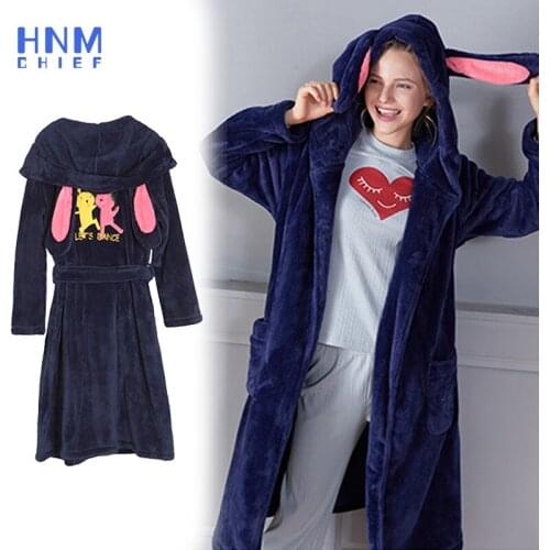 HNMCHIEF Blue New Winter Women Long Sleeve Hooded Night-robe Solid Color Flannel Night-robe Fashion Loungewear With Cute Ear