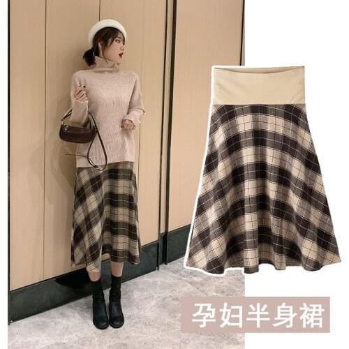 6015# Autumn Winter Thick Warm Plaid Maternity Skirts Belly A Line Big Bottoms Skirts Clothes for Pregnant Women Sexy Pregnancy