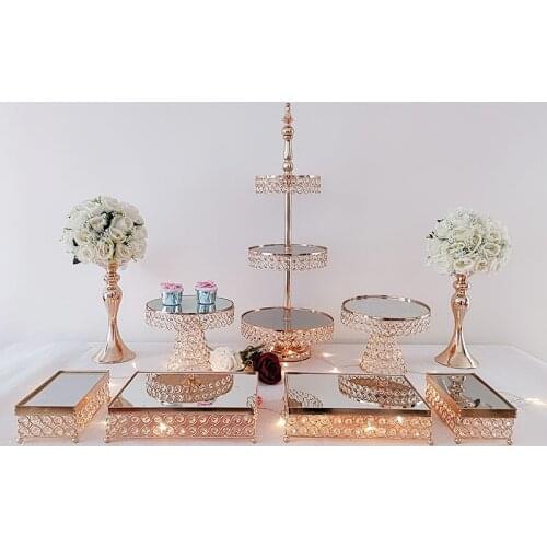 9pcs/lot Cake Stand Set Beautiful Tray 3 Tier Gold Cupcake Dessert Display Decoration Tools Wedding Crystal