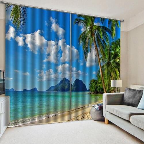 Custom 3D Summer Beach Windows Curtains Blue seawater Thicken For Living Room Bedroom Decorative Kitchen Curtains Drapes