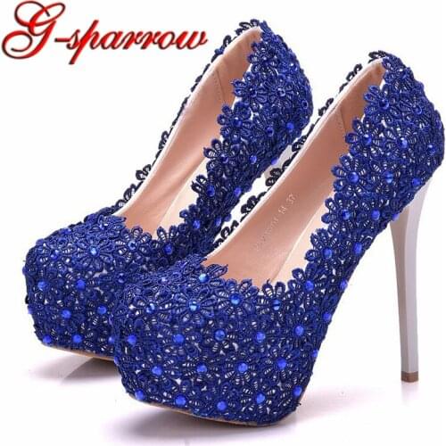 Blue Lace Wedding Shoes Banquet Prom Party High Heels Stiletto Heel Platform Bridesmaid Shoes Big Size Formal Dress Shoes