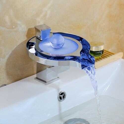 LED Chrome Bathroom Waterfall Round Spout Basin Sink Faucet Mixer Water Taps