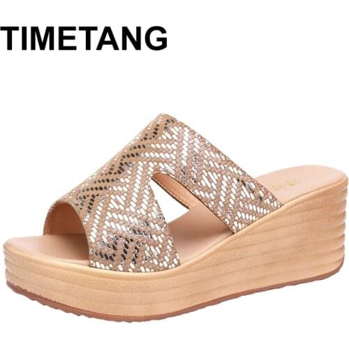 TIMETANGSmall Big Size 32-43 Fashion Gold Cutout Platform Slippers Wedding Shoes 2021 Summer High Heels Wedges Slides Women for
