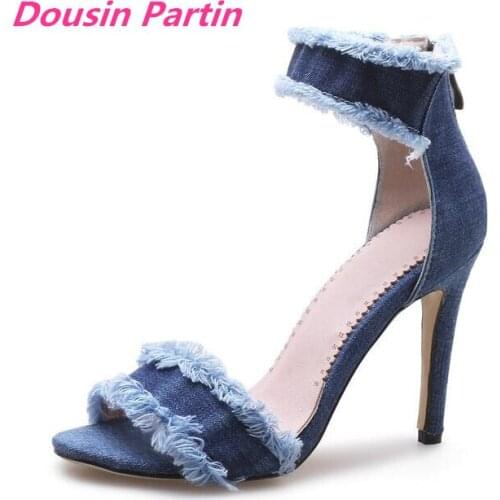 Dousin Partin Women Shoes Women Sandals Denim Fashion Platform All Match Thin High Heel Round Toe Women Sandals