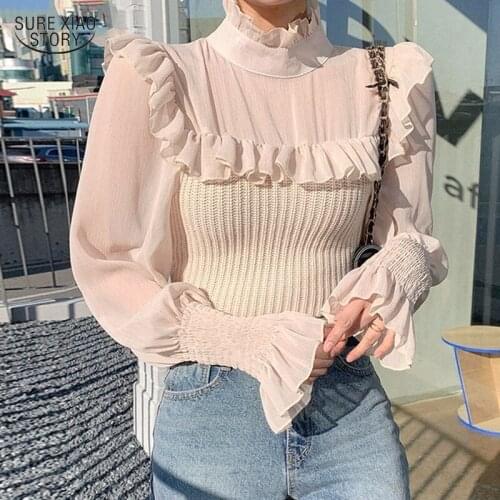 2021 Ruffle Stand Collar Stitching Knitted Sweater Elegant French Long Sleeve Shirt Autumn New Mesh Blouse for Women Blusa 16721