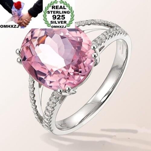 OMHXZJ Wholesale European Fashion Woman Girl Party Wedding Gift Silver Pink Oval Tourmaline 925 Sterling Silver Ring RR27
