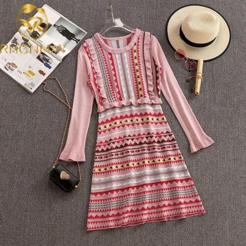 Fashion Runway Women Ruffles Knitted Dresses Rainbow Striped Elastic Knee Dress Female Long Sleeve Sexy Party Dresses