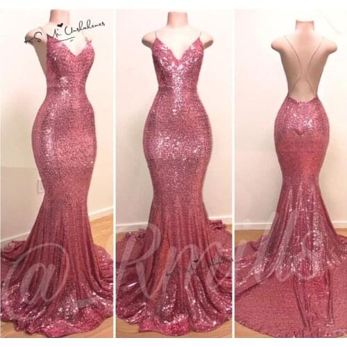 Robe de Soiree Longue Pink Sexy Backless Evening Dresses Long Mermaid Prom Dress 2020 Women Sequined Cheap Hot Sale Abiye