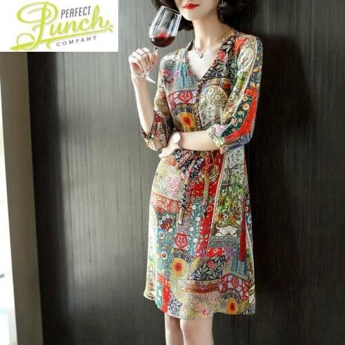 Silk Boho Vintage 100% Summer Dress Floral Elegant Midi Dresses for Women V Neck Vestidos De Verano R7208 Pph424