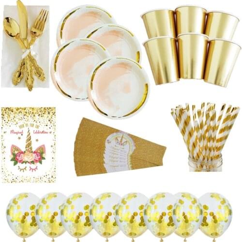 Gold Unicorn Birthday Party Decors Photo Frame Props Unicorn Balloon Invitation Card Kids Birthday Unicorn Party Tableware