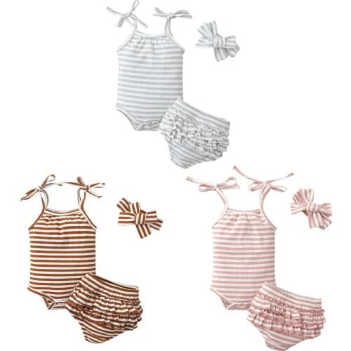 2020 New 0-18M Toddler Baby Girls Summer 3Pcs Set Striped Double Bows Sleeveless Camisole+Back Ruffled Shorts+Headband 3 Colors