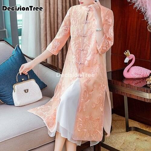 2021 woman cheongsam robe chinese traditional floral embroidery buttons qipao vintage lady chiffon party tang robe oriental coat